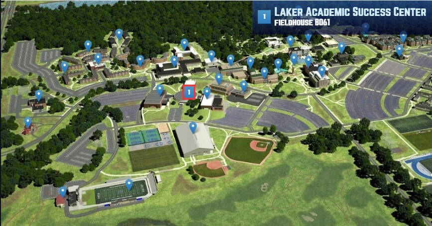 gvsu campus map with laker academic success center location highlighted in red with corresponding building and room number